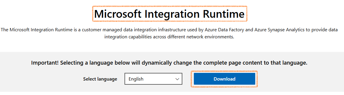 Integration runtime download screen